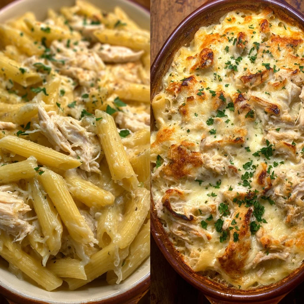 Creamy Chicken Alfredo Pasta Bake topped with cheese and parsley