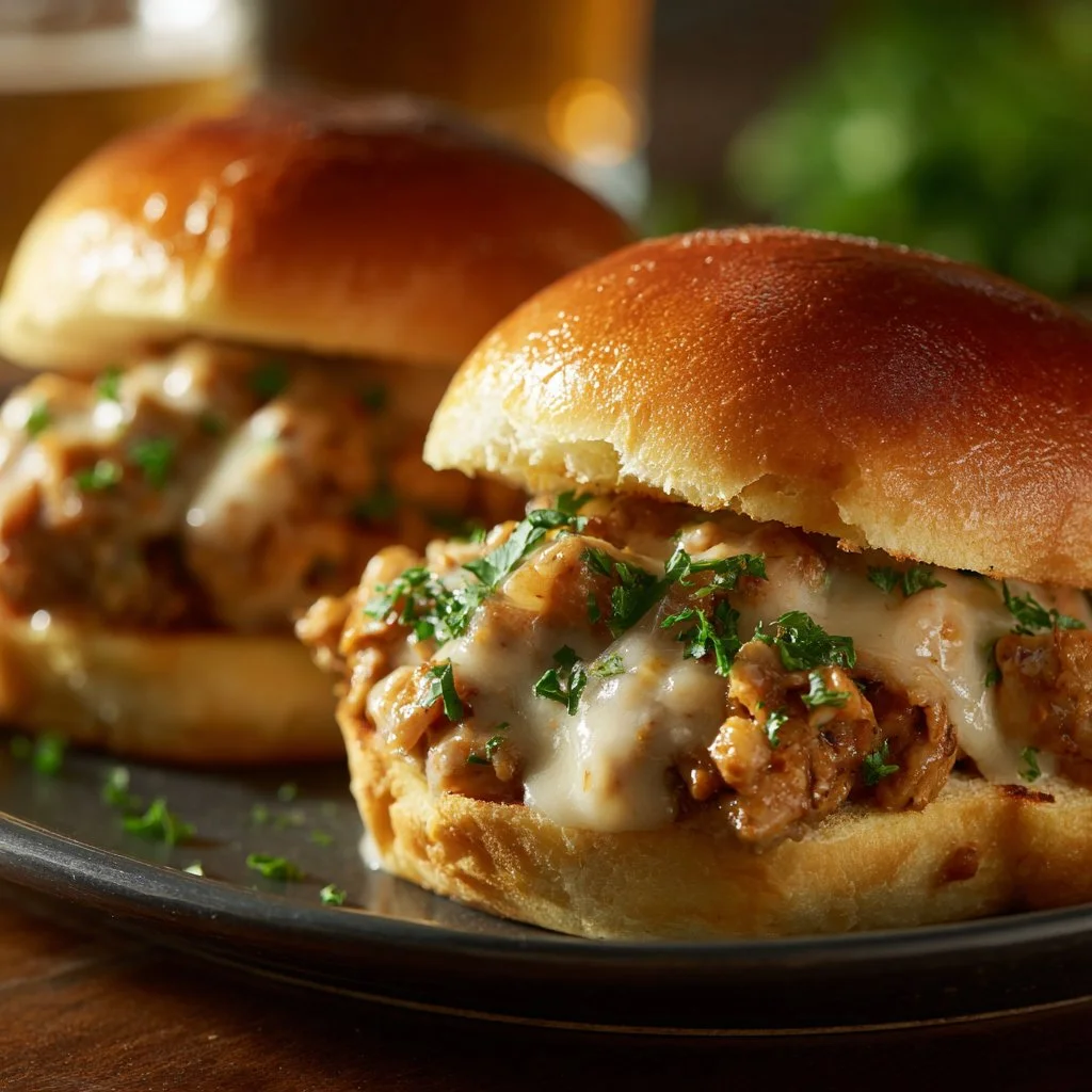 Delicious Chicken Alfredo Sloppy Joes served on a plate with lettuce and cheese