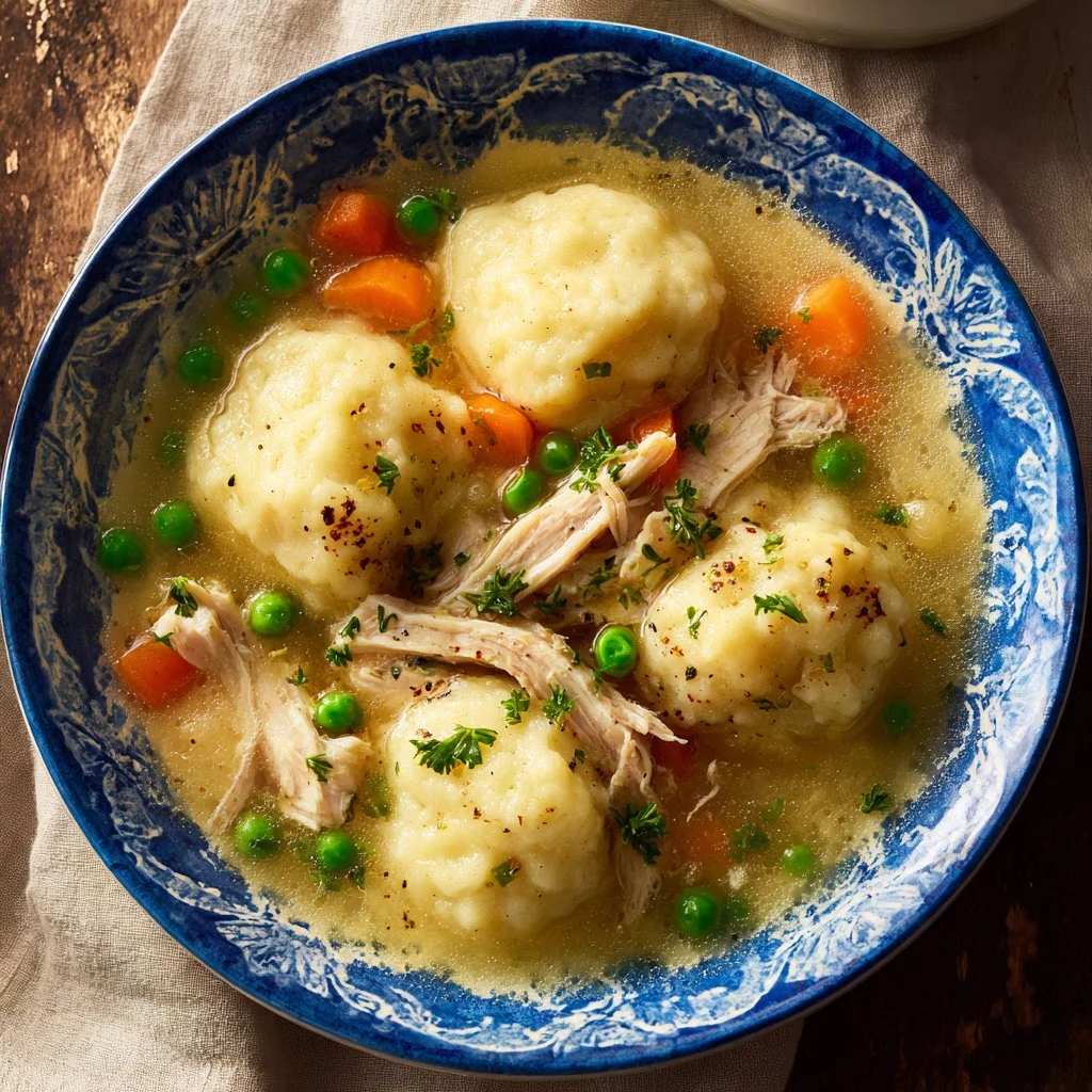 Chicken and buttermilk-chive dumplings served in a bowl
