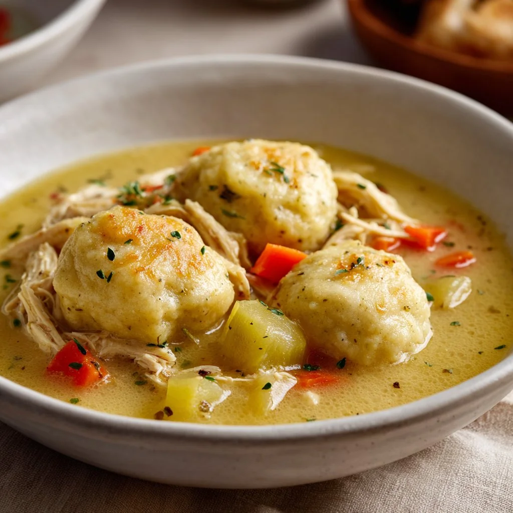 Bowl of Chicken and Dumplings garnished with herbs