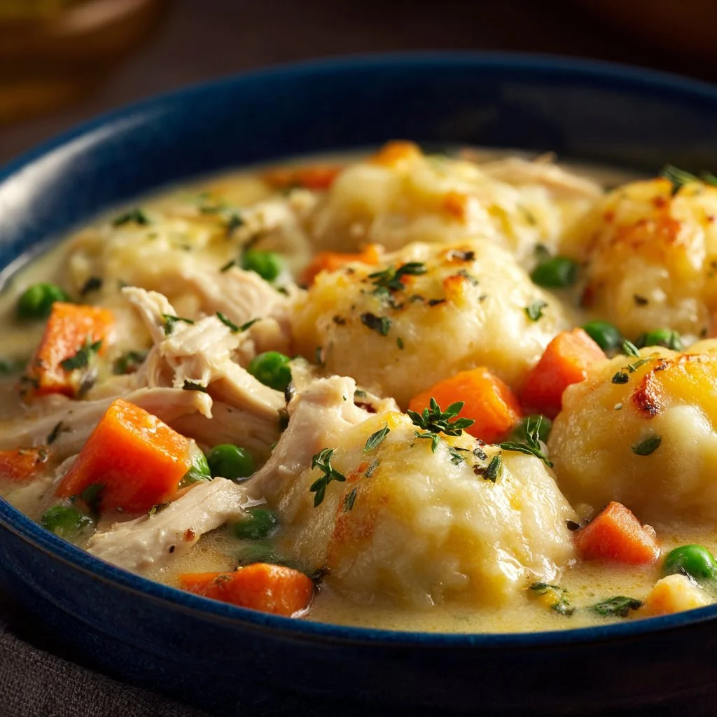 Delicious Chicken and Dumplings served in a bowl with herbs and spices