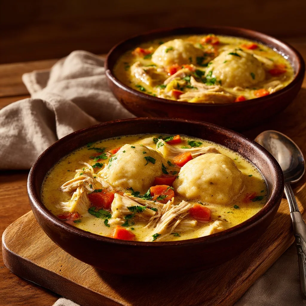 Bowl of chicken and dumplings with flaky biscuits, garnished with herbs.