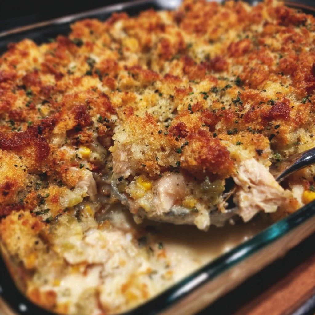Delicious Chicken and Stuffing Casserole baked to perfection.