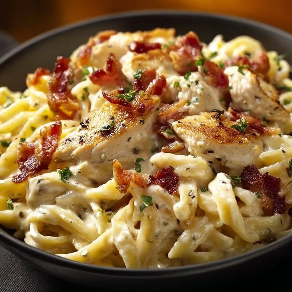 Delicious Chicken Bacon Ranch Pasta with creamy sauce and crispy bacon