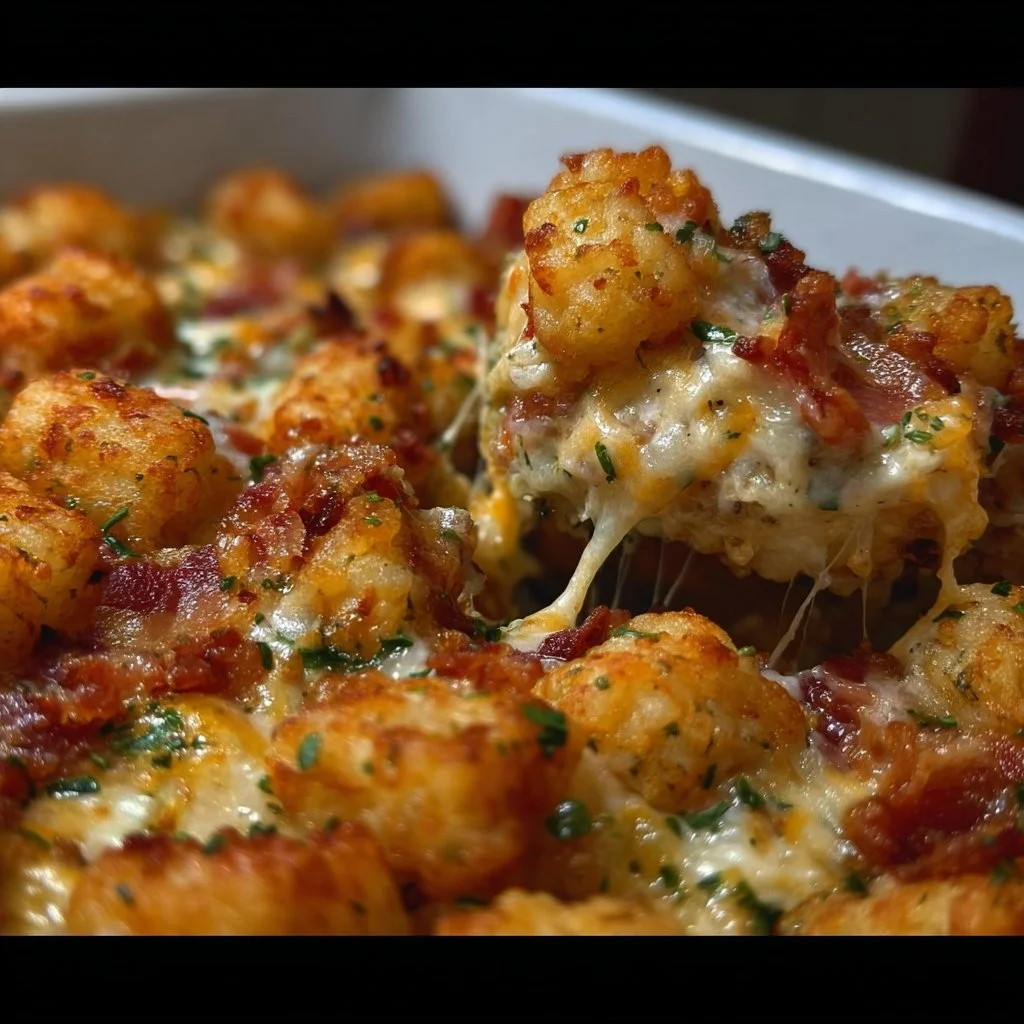 Chicken Bacon Ranch Tater Tot Casserole topped with crispy tater tots