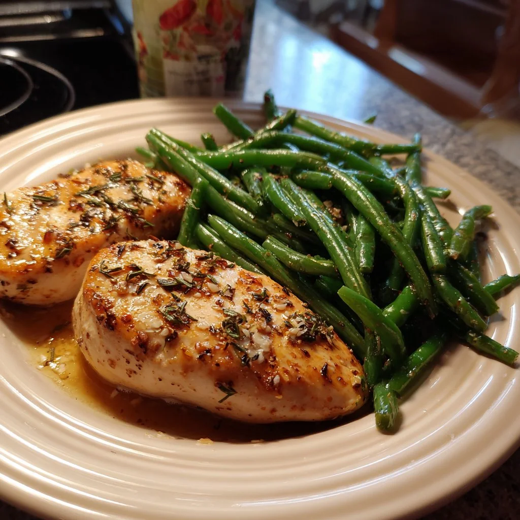 Juicy chicken breast served with vibrant green beans on a plate
