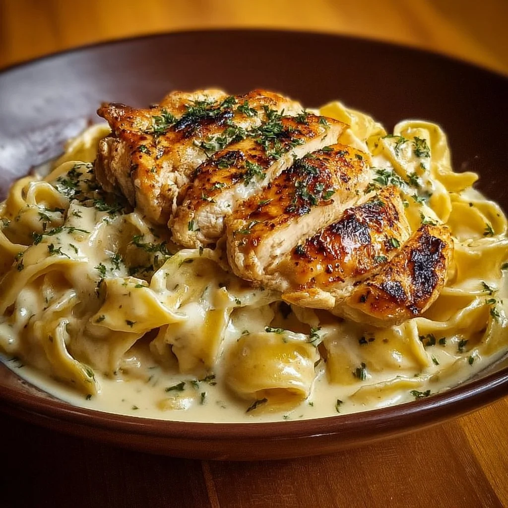 Delicious plate of Chicken Buttered Noodles garnished with herbs