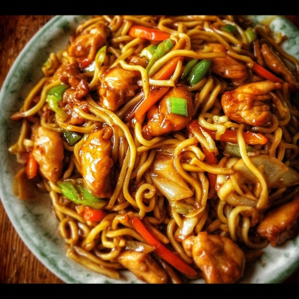 Delicious Chicken Chow Mein topped with vegetables and chicken in a bowl