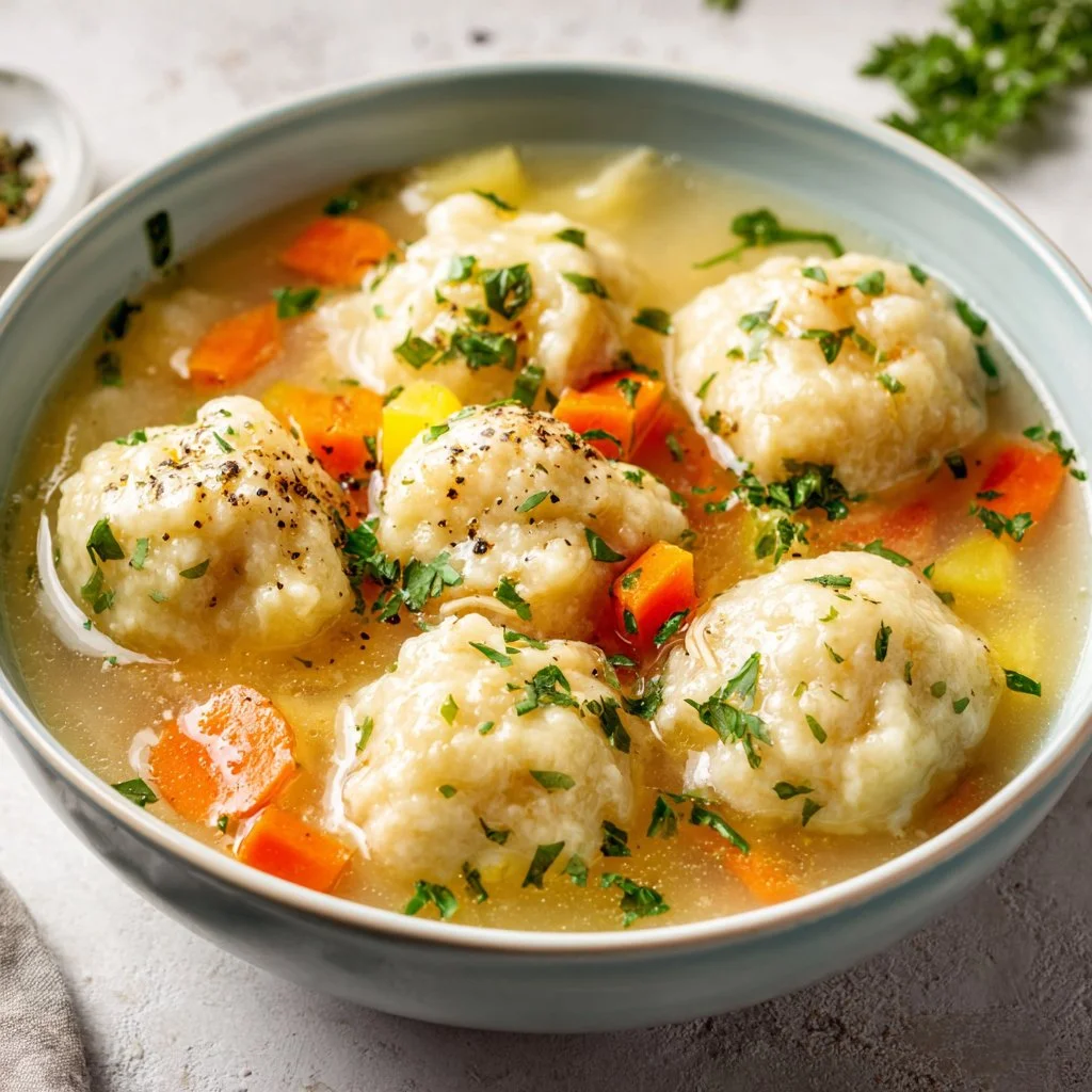 Bowl of Chicken Dumpling Soup with fresh herbs and dumplings