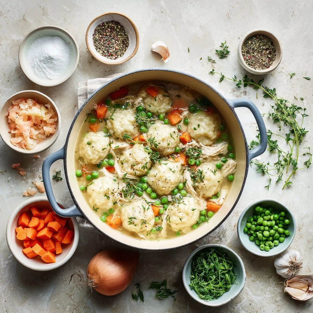 Bowl of flavorful Chicken Dumpling Soup with fresh herbs and vegetables