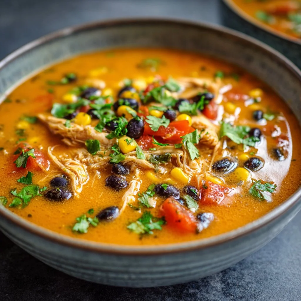 Bowl of delicious Chicken Enchilada Soup garnished with cilantro and lime