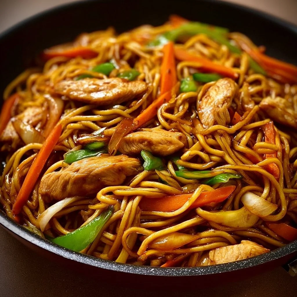 Delicious Chicken Lo Mein with vegetables and noodles in a bowl