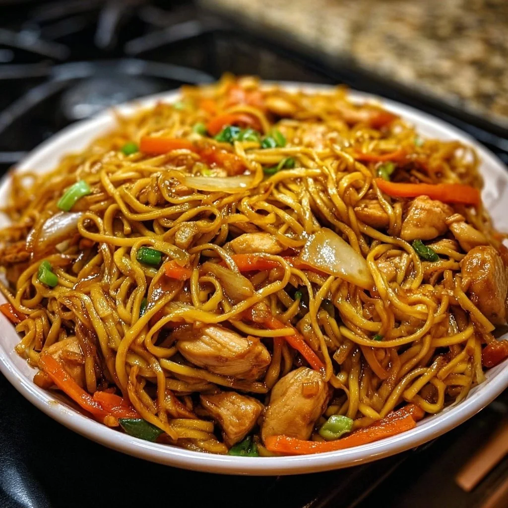 Delicious Chicken Lo Mein with vegetables and stir-fried chicken