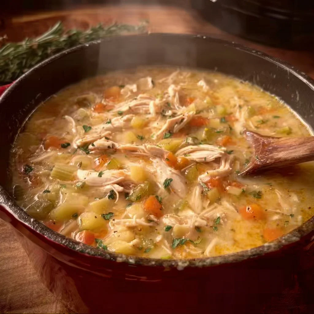 Bowl of chicken noodle soup with vegetables and herbs, a healthy comfort food dish.