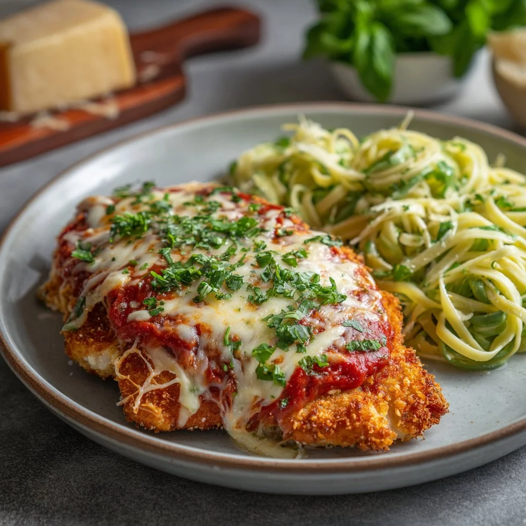 Plate of Chicken Parmesan with marinara sauce and melted cheese