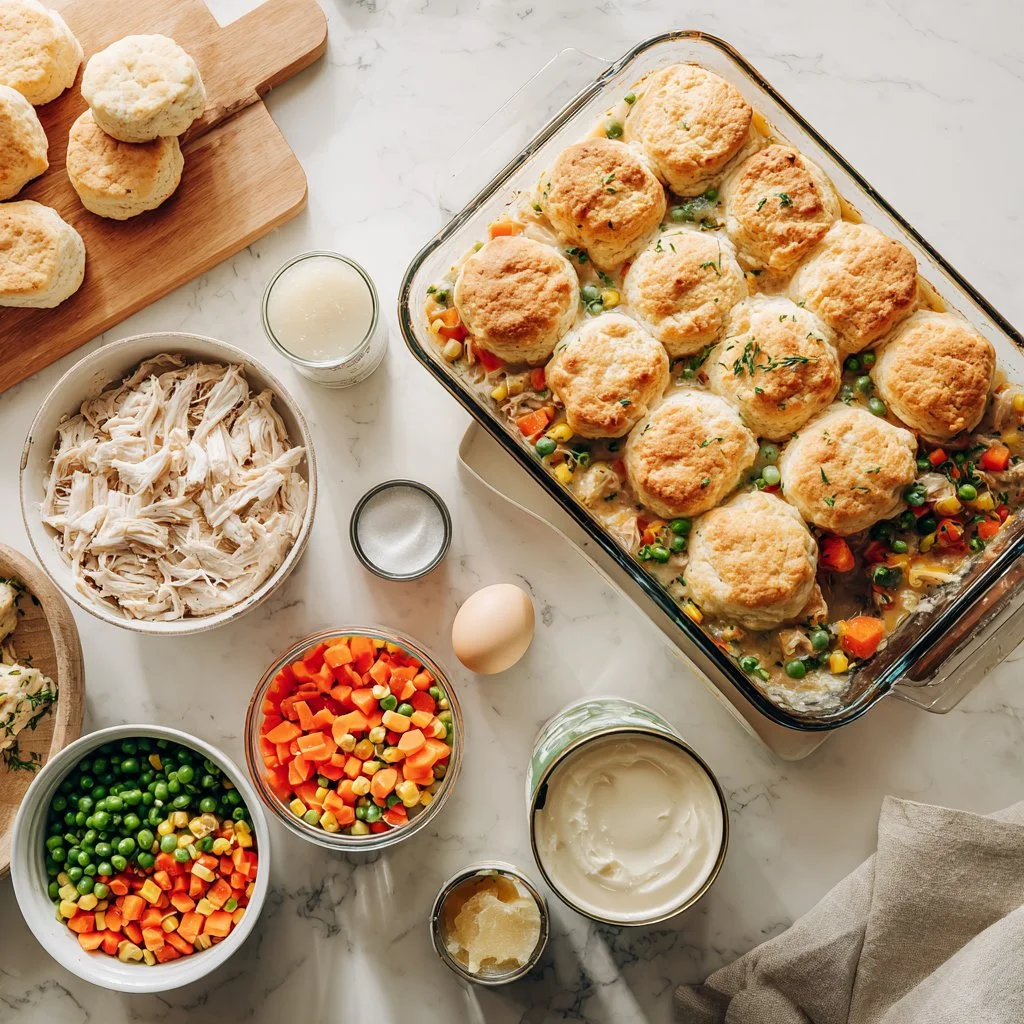 Delicious Chicken Pot Pie Casserole topped with flaky crust