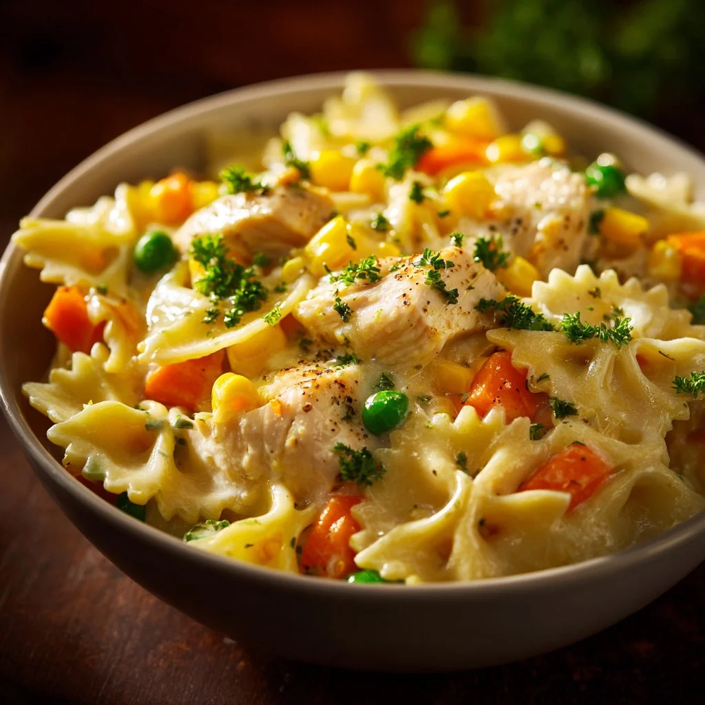 Creamy Chicken Pot Pie Pasta served in a bowl, topped with fresh herbs.