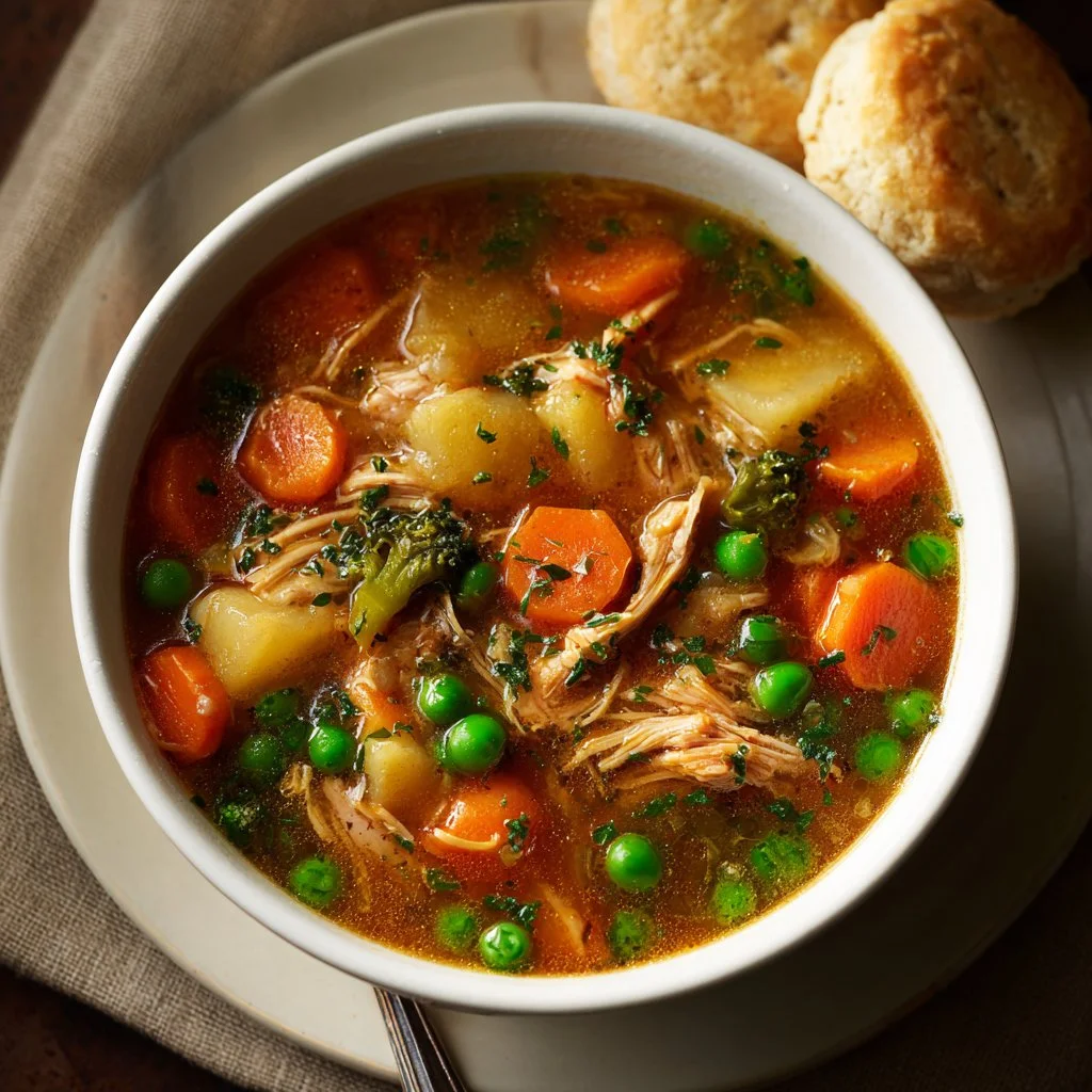 Bowl of creamy Chicken Pot Pie Soup with vegetables and herbs