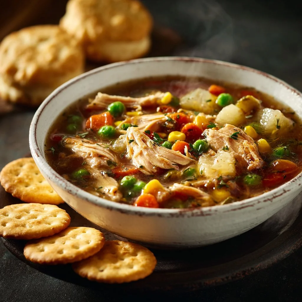Bowl of delicious Chicken Pot Pie Soup with vegetables and herbs