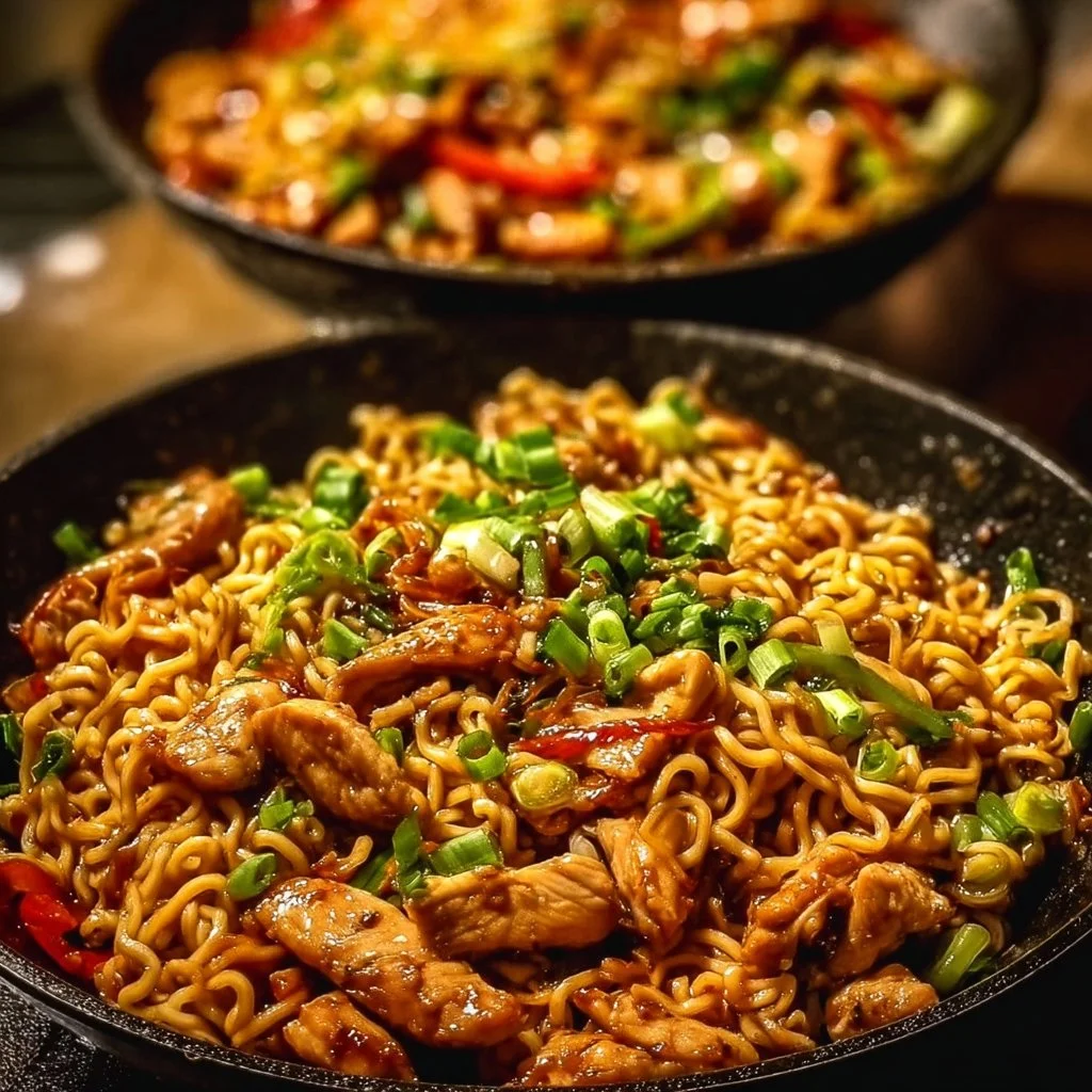 Delicious chicken ramen stir fry served with colorful vegetables in a bowl