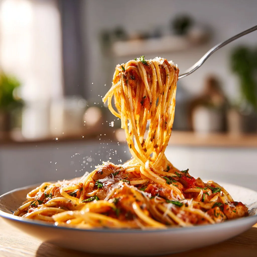 A bowl of creamy Chicken Spaghetti topped with parsley and cheese.