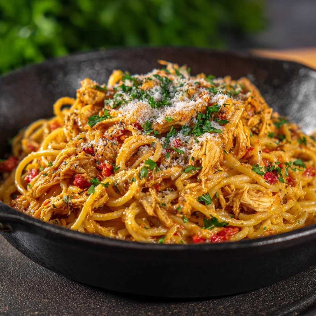 Delicious Chicken Spaghetti dish served in a bowl, garnished with herbs.