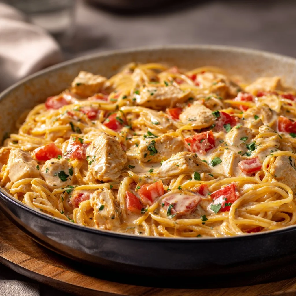Delicious Chicken Spaghetti served on a plate with herbs and cheese