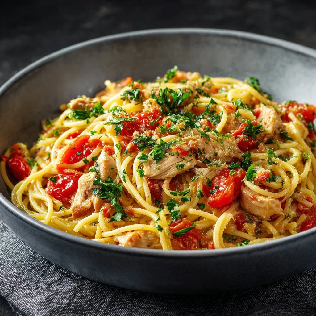 A bowl of chicken spaghetti with juicy chicken pieces and pasta in a savory sauce.