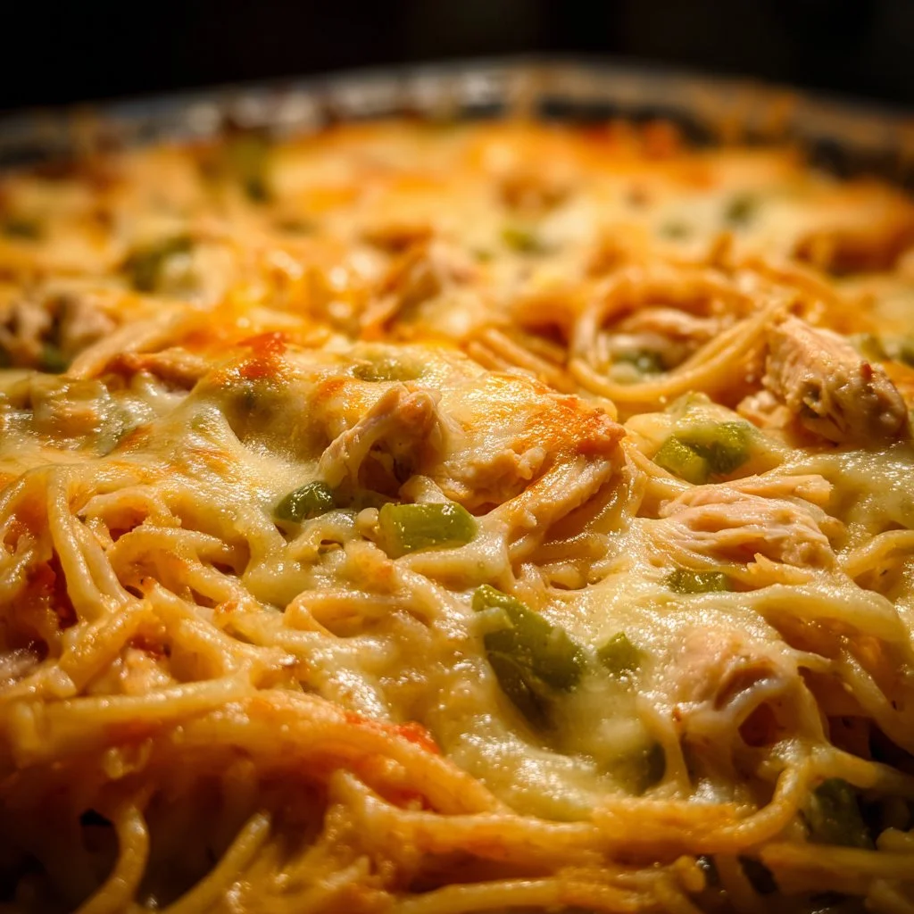 Delicious Chicken Spaghetti Casserole served in a dish