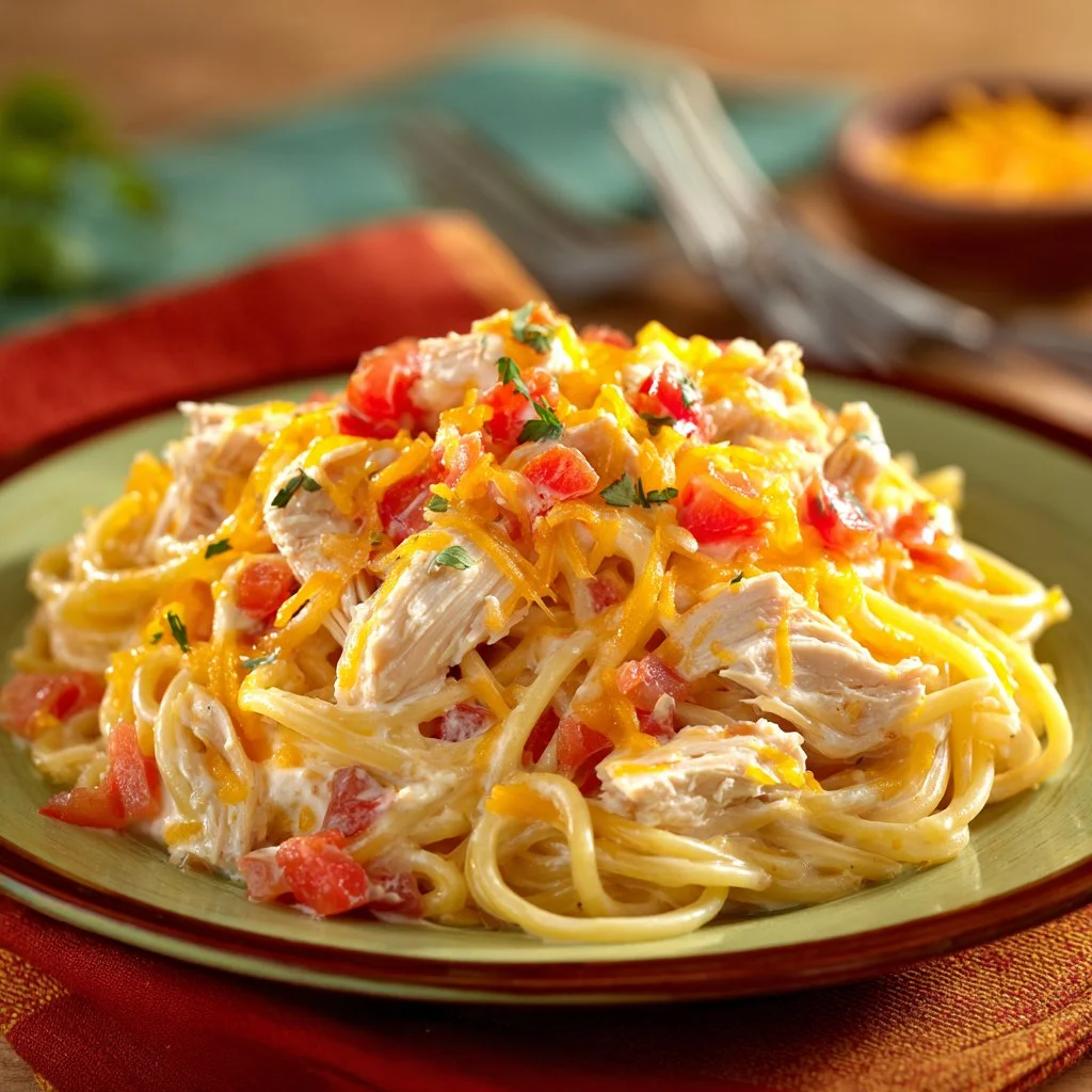 Delicious Chicken Spaghetti with Rotel served in a bowl