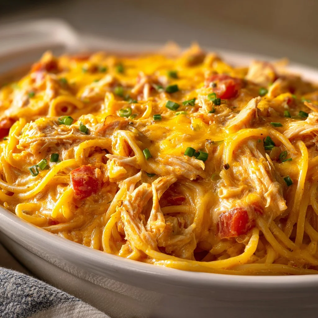 Plate of Chicken Spaghetti with Rotel topped with fresh herbs