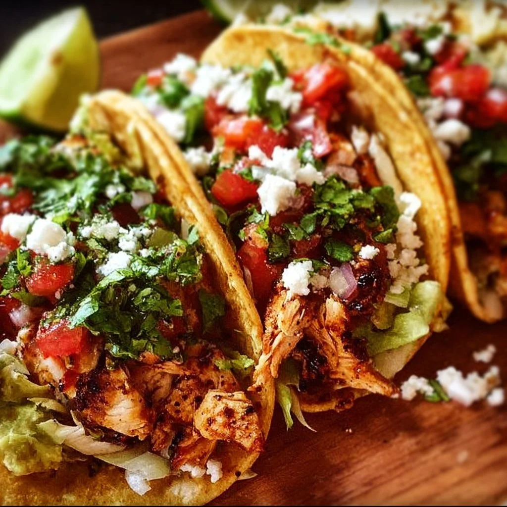 Delicious Chicken Street Tacos served with fresh toppings and sauces