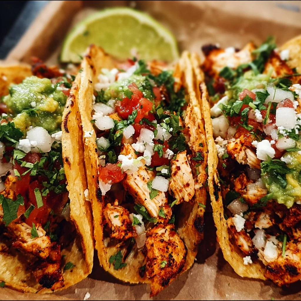Delicious chicken street tacos garnished with fresh toppings