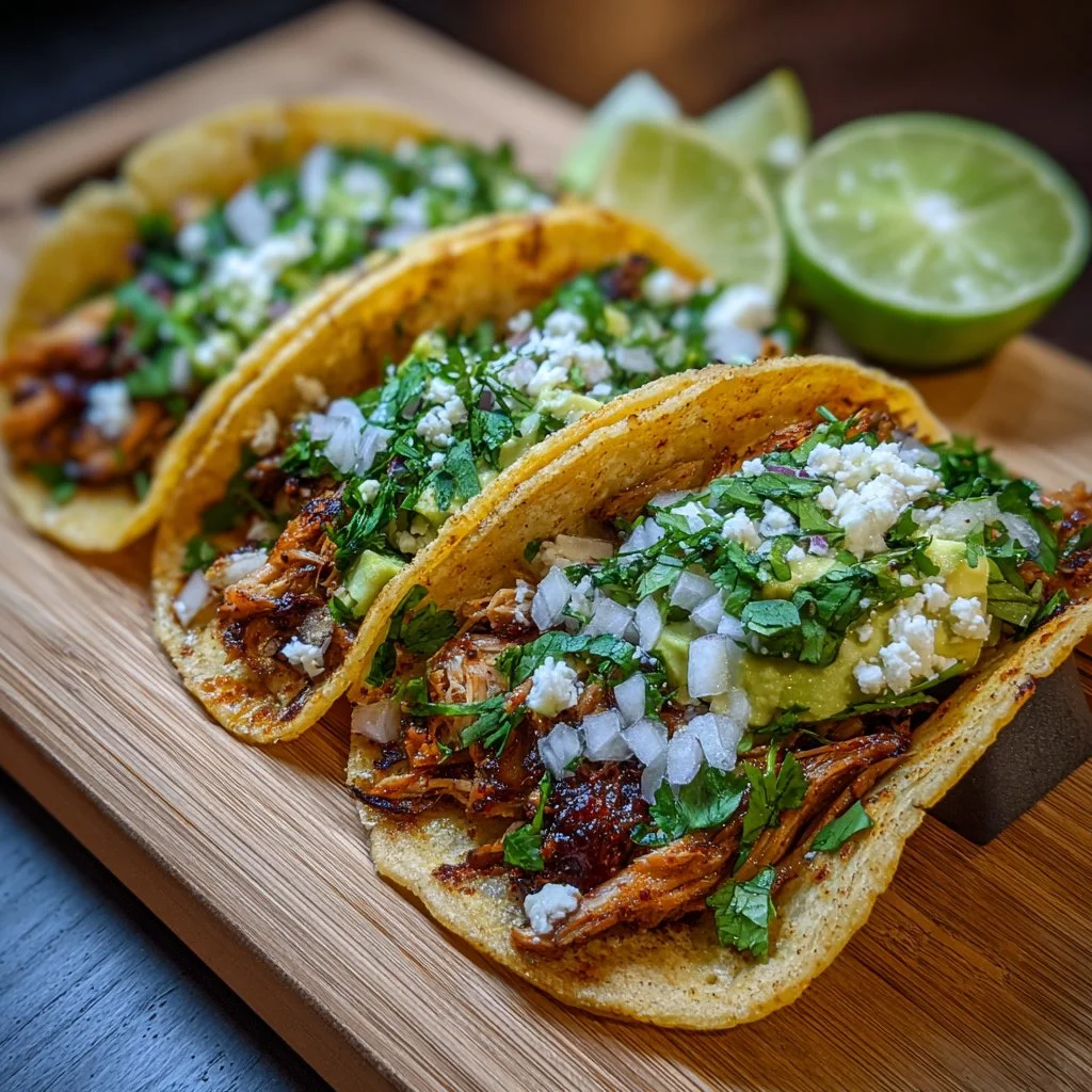 Delicious Chicken Street Tacos served with fresh toppings and sauce.