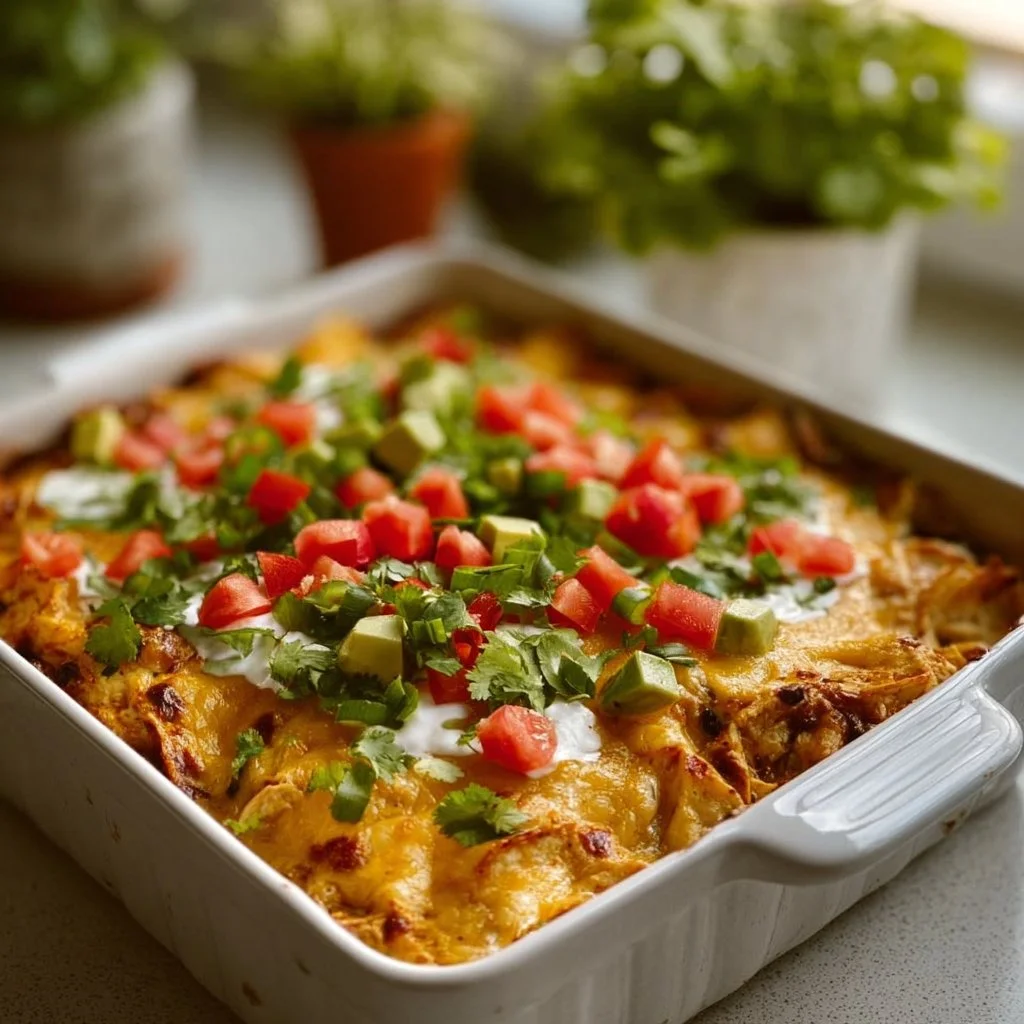 Delicious Chicken Taco Casserole topped with cheese and fresh toppings.