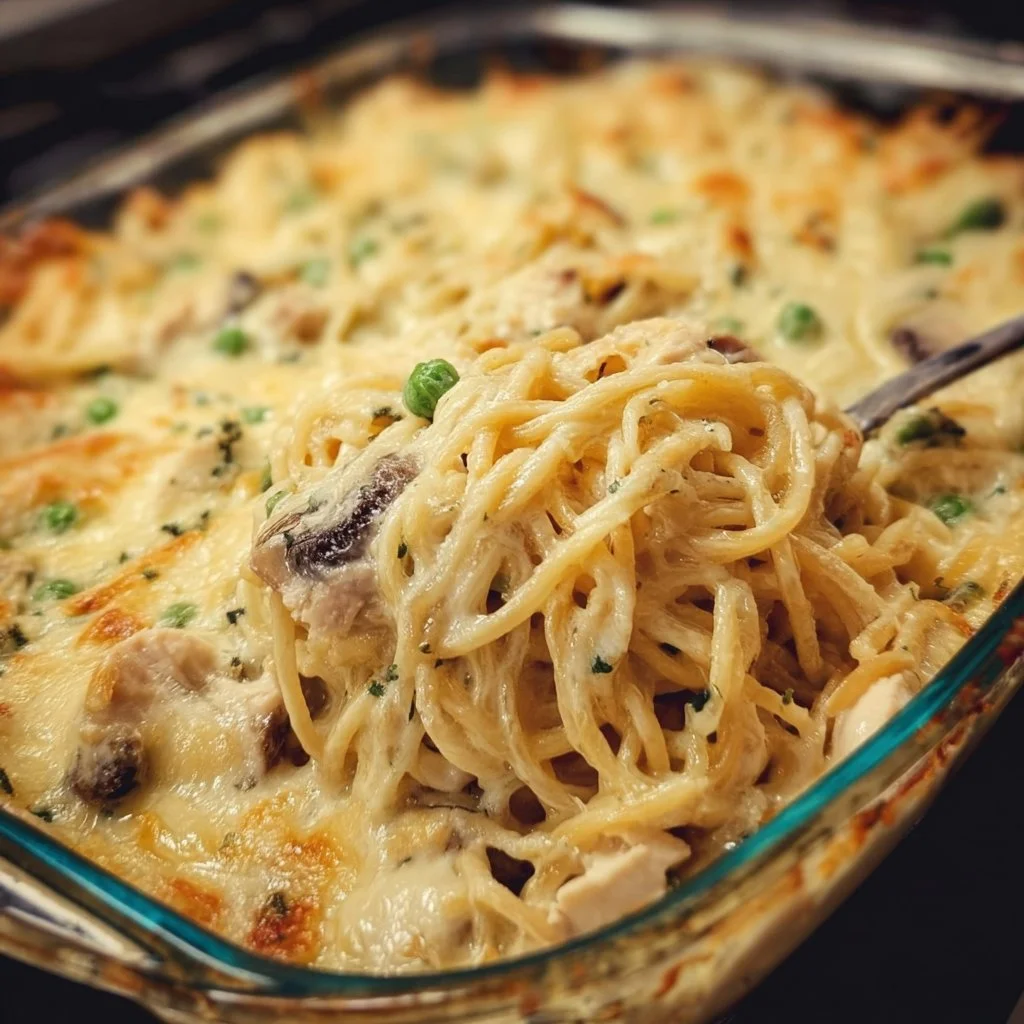 Delicious Chicken Tetrazzini with creamy sauce and pasta in a casserole dish