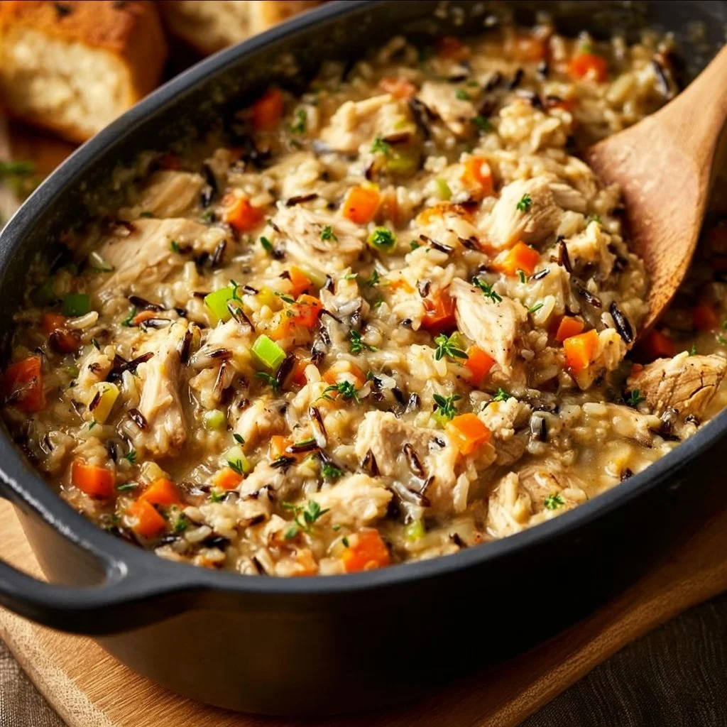 Delicious Chicken Wild Rice Casserole topped with herbs and spices
