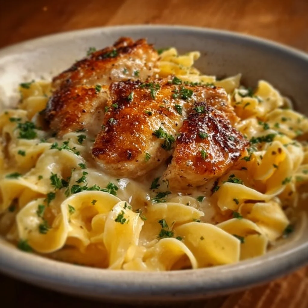 Delicious chicken served with creamy buttered noodles on a plate