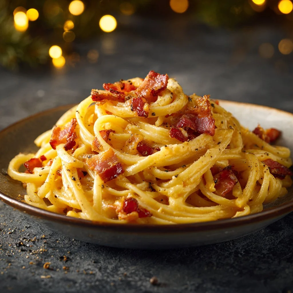 Italian Carbonara with Bacon served in a bowl, showcasing creamy pasta.