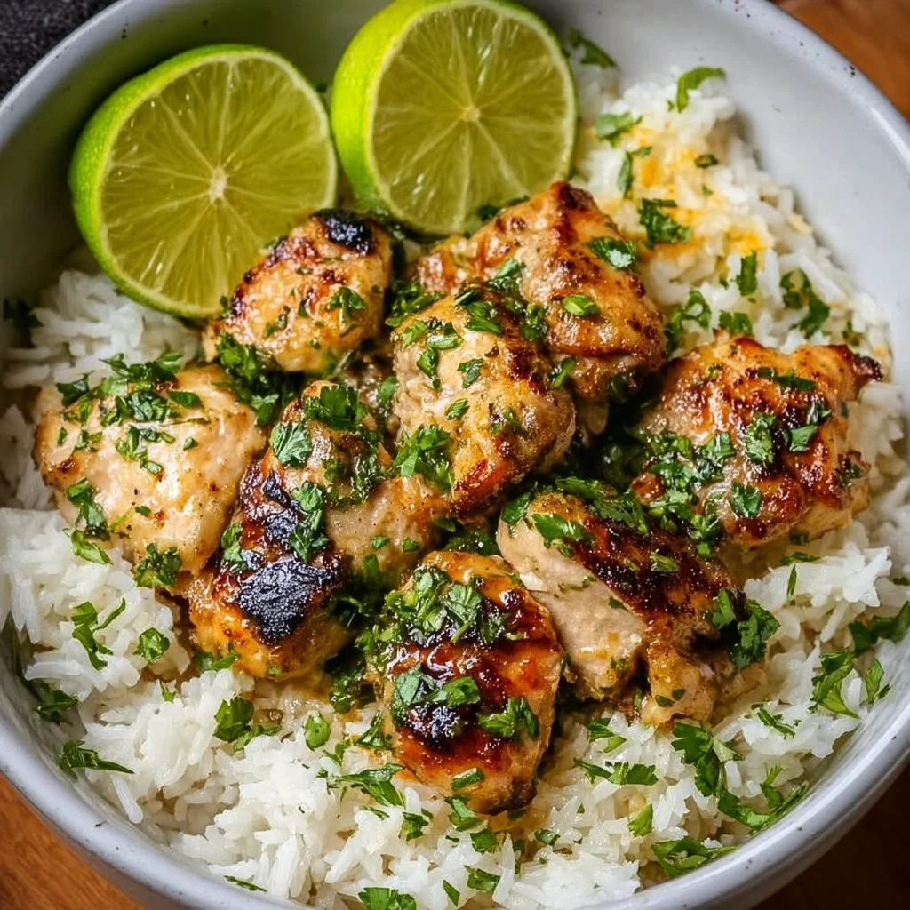 Delicious Coconut Chicken served with rice and topped with fresh herbs