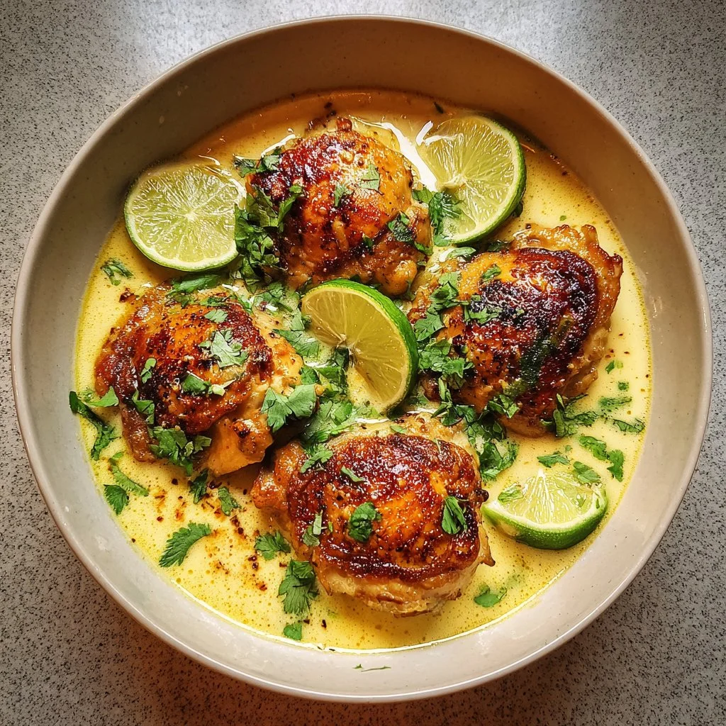 Delicious Coconut Lime Chicken garnished with fresh lime and coconut flakes.