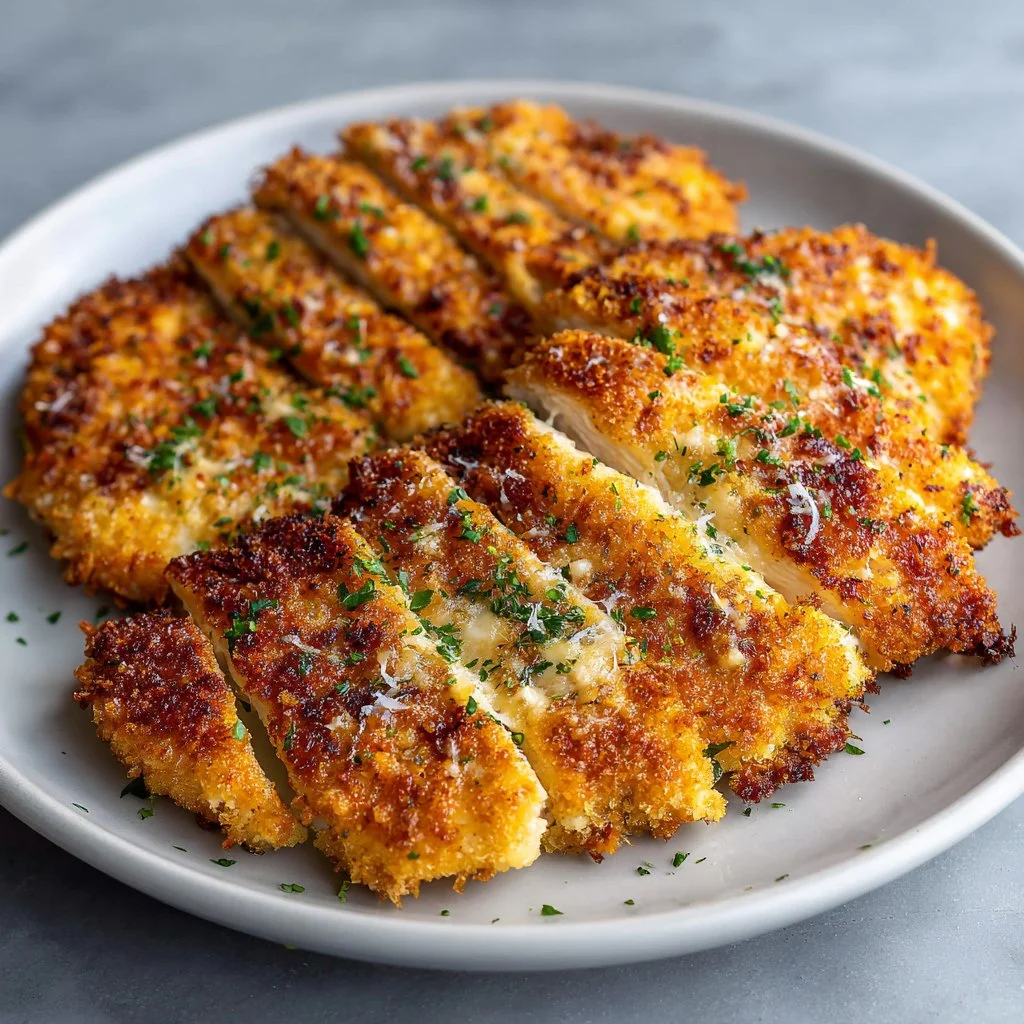 Delicious Parmesan Crusted Chicken served with a side of vegetables
