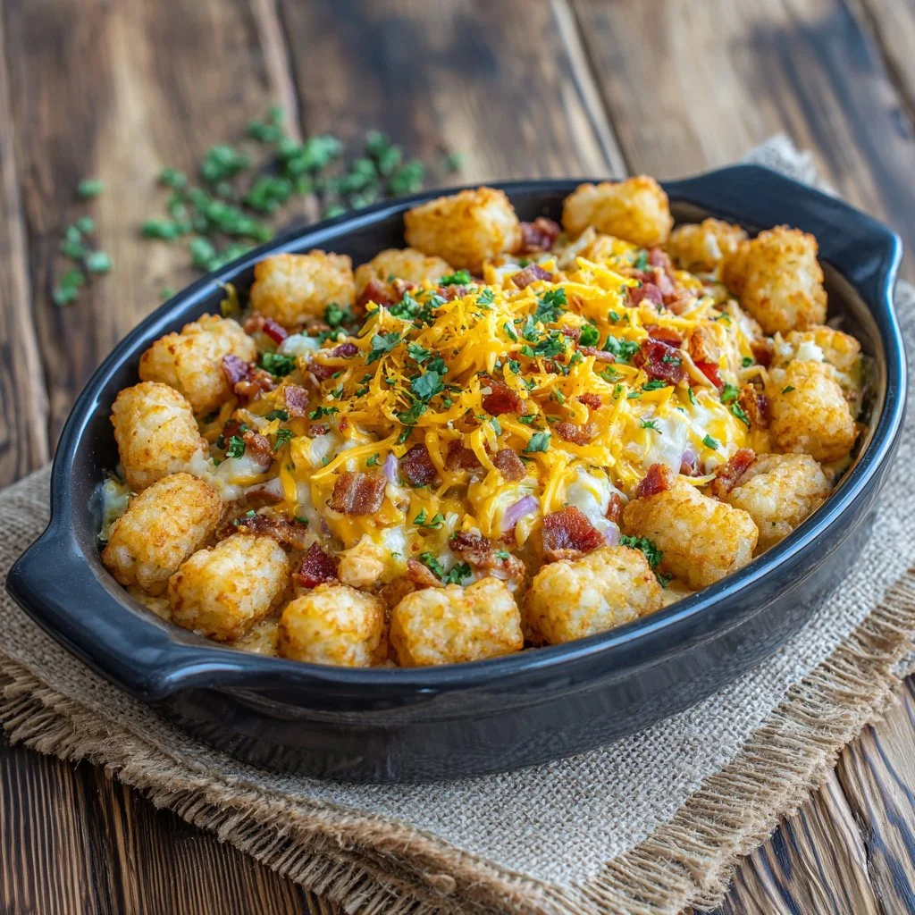 Cracked Out Chicken Tater Tot Casserole topped with crispy tater tots