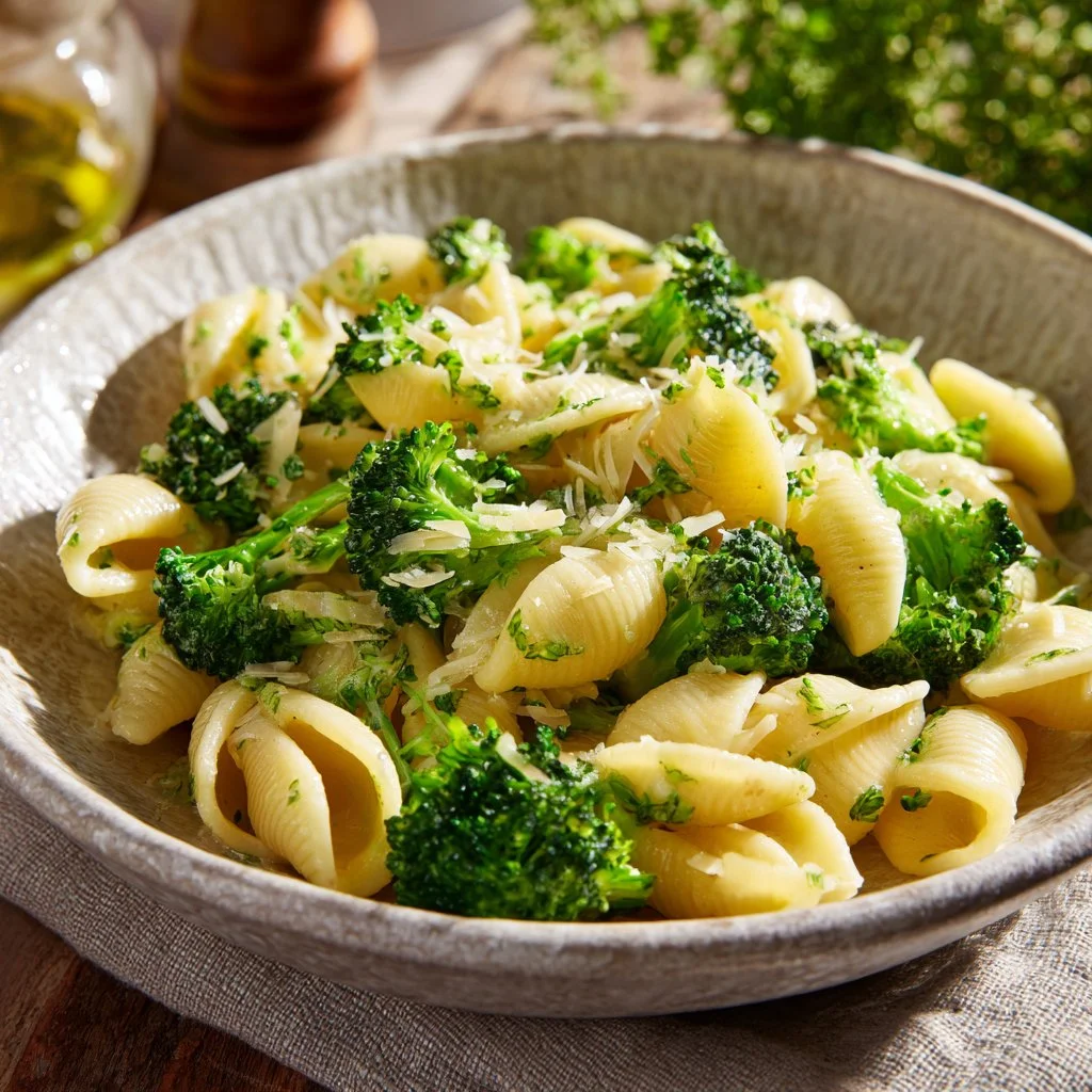 Creamy broccoli pasta dish with fresh ingredients and herbs