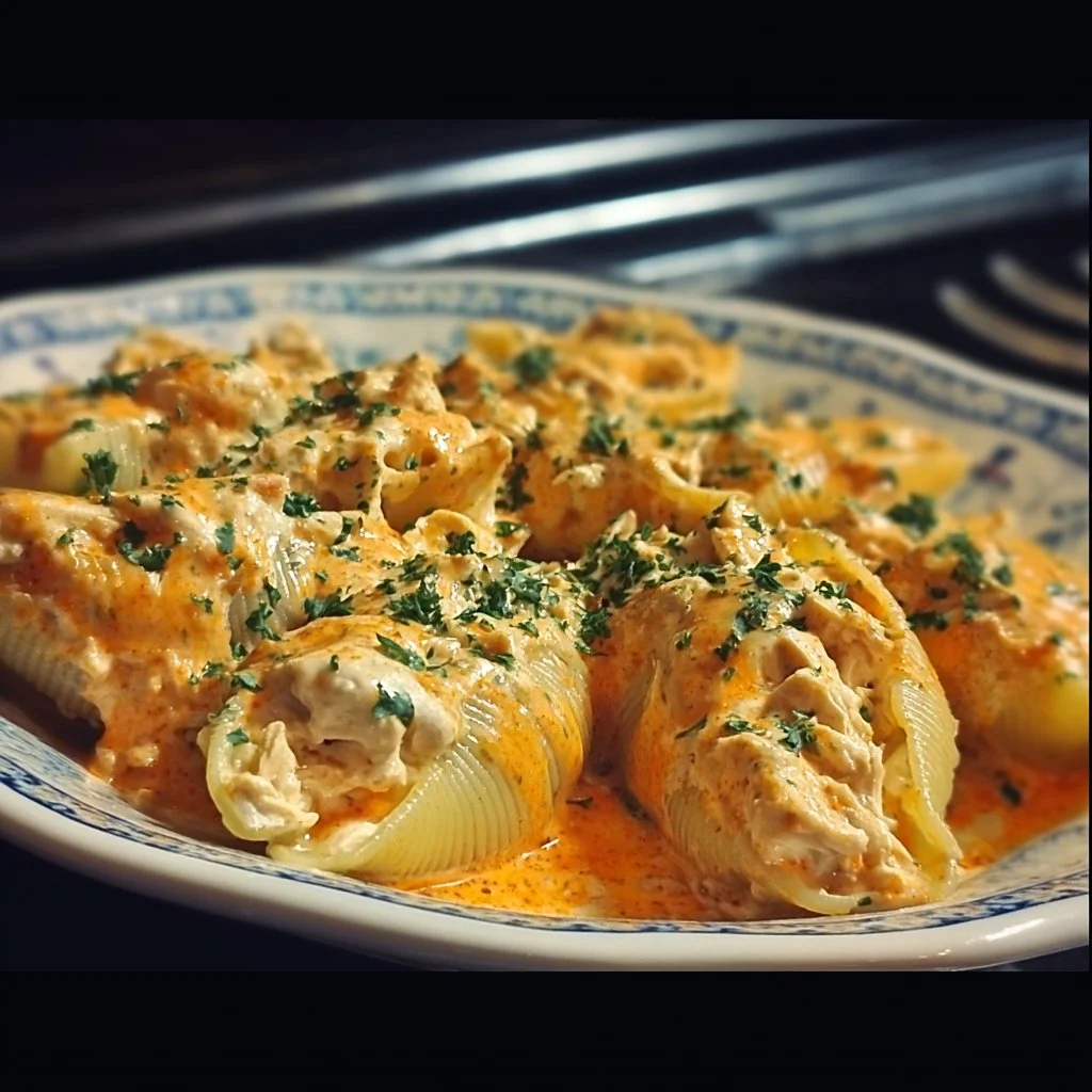 Creamy Buffalo Chicken Stuffed Shells garnished with green onions