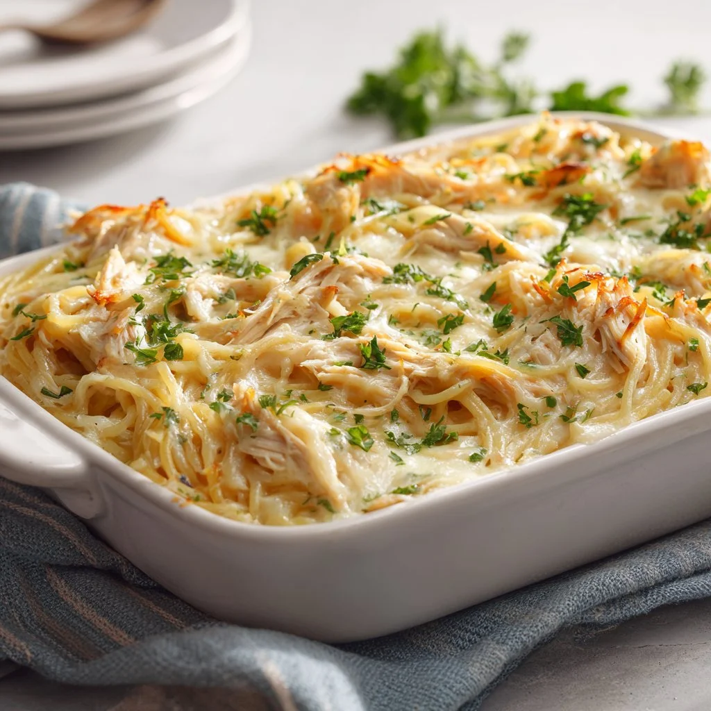 Creamy cheesy chicken spaghetti casserole in a baking dish with melted cheese on top.