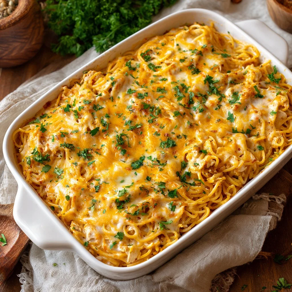 Creamy Cheesy Chicken Spaghetti Casserole topped with cheese in a baking dish