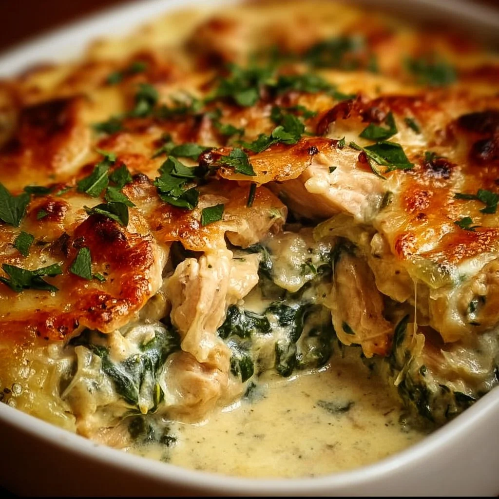 Creamy chicken and spinach casserole dish ready to serve.