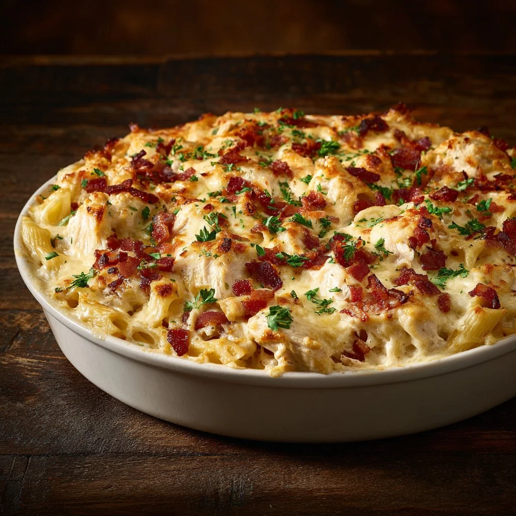 Creamy chicken bacon ranch pasta bake in a baking dish, topped with cheese.