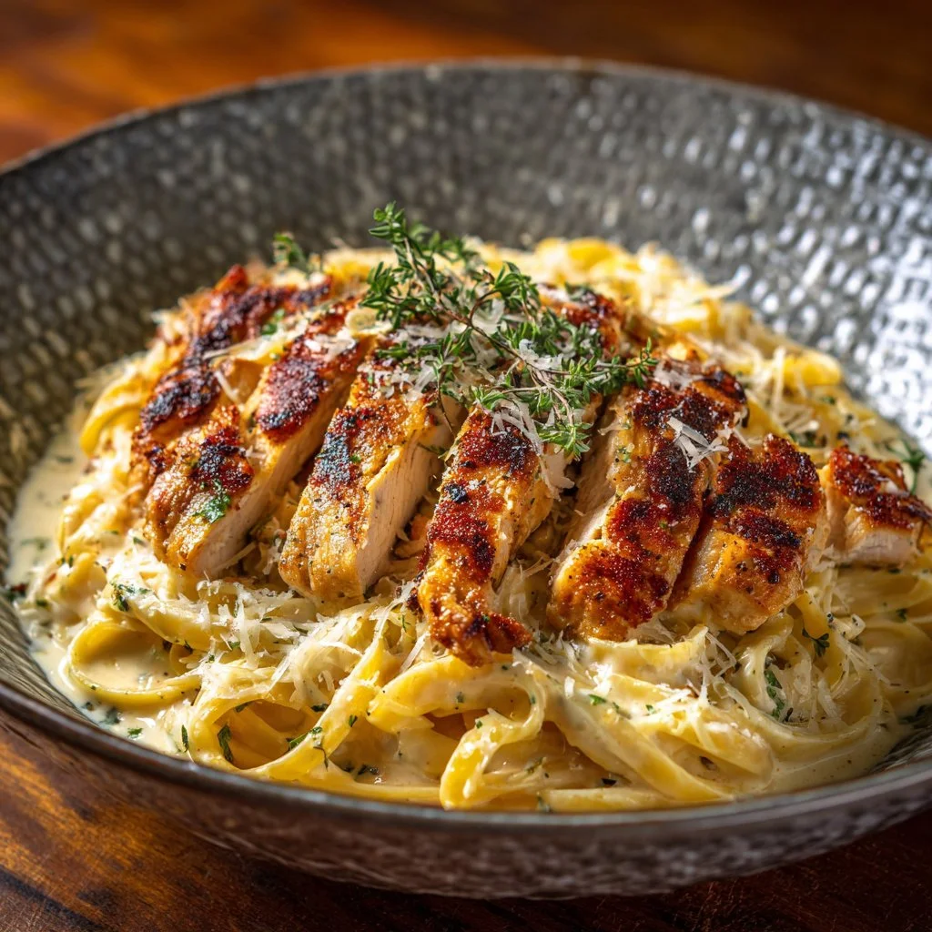 Creamy Chicken Fettuccine Alfredo served in a bowl with parsley garnish